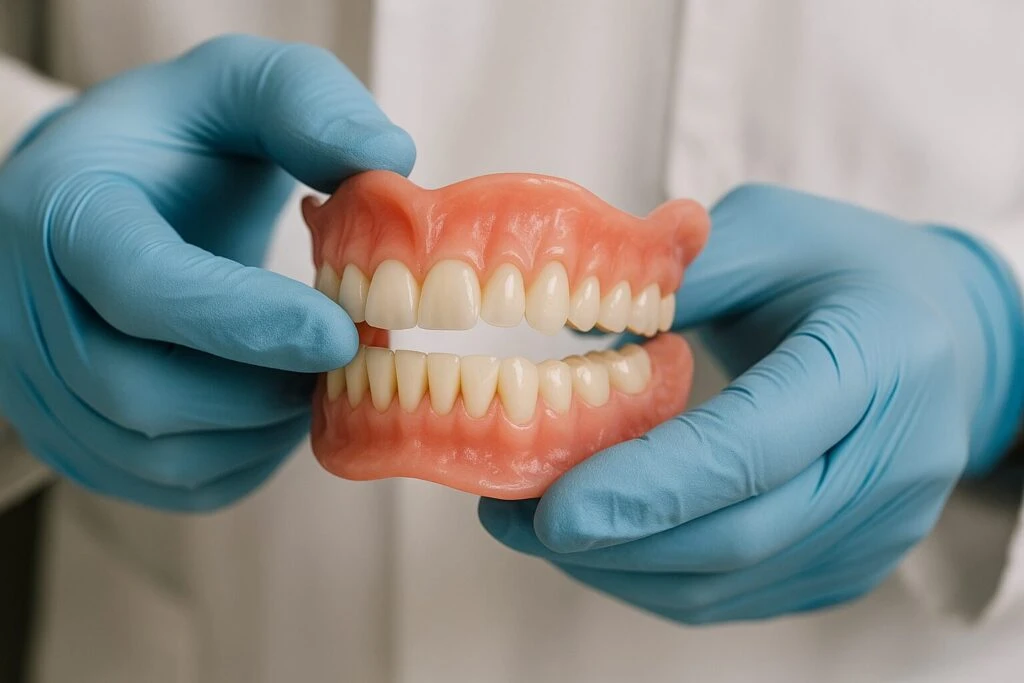 Full upper and lower dentures held in gloved hands